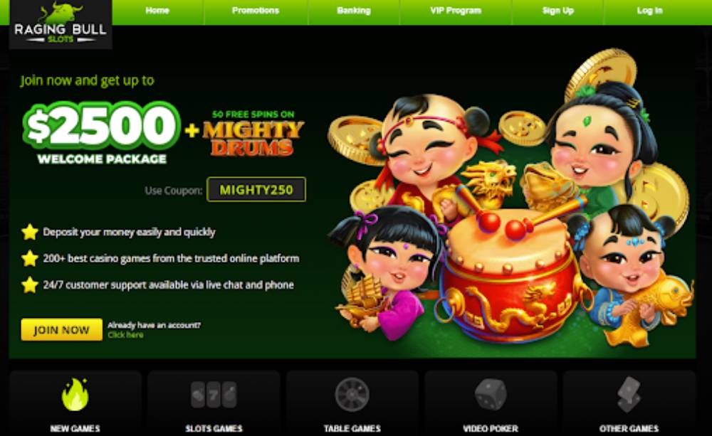 Raging Bull Casino logo with crypto payment symbols and progressive jackpot imagery